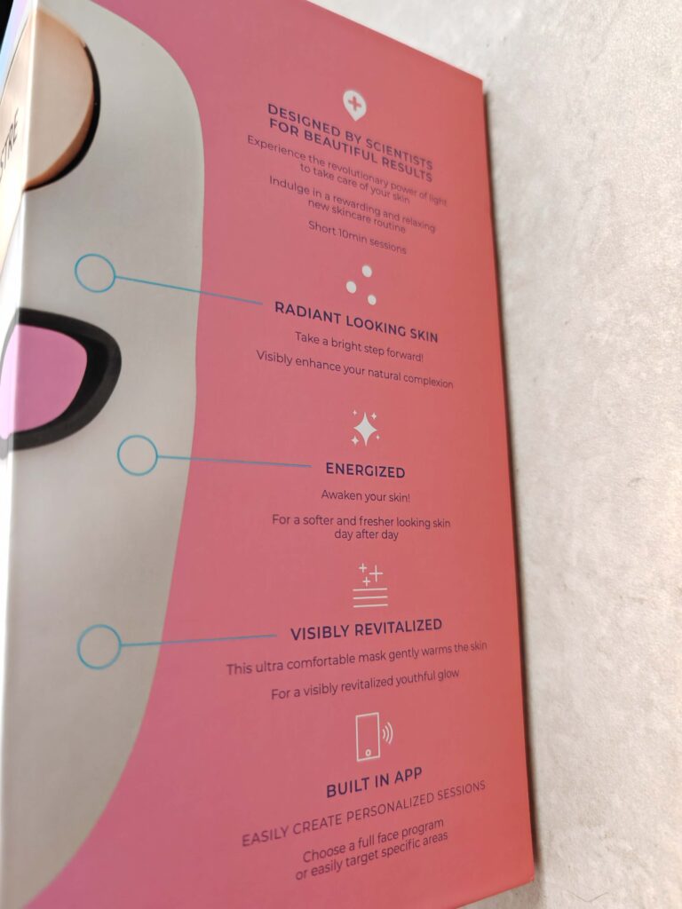 Box of skincare device features and benefits, highlighting radiant skin, energy boost, revitalisation, and app integration.