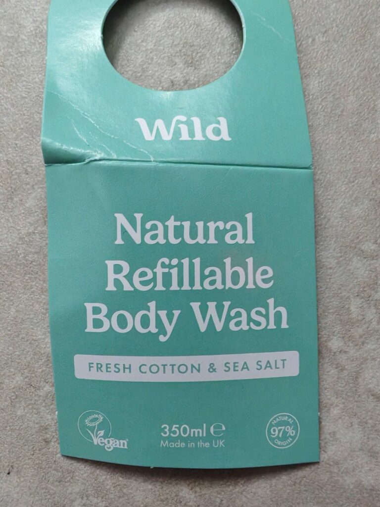Wild natural refillable body wash label, fresh cotton and sea salt scent, vegan, 350ml, made in the UK.