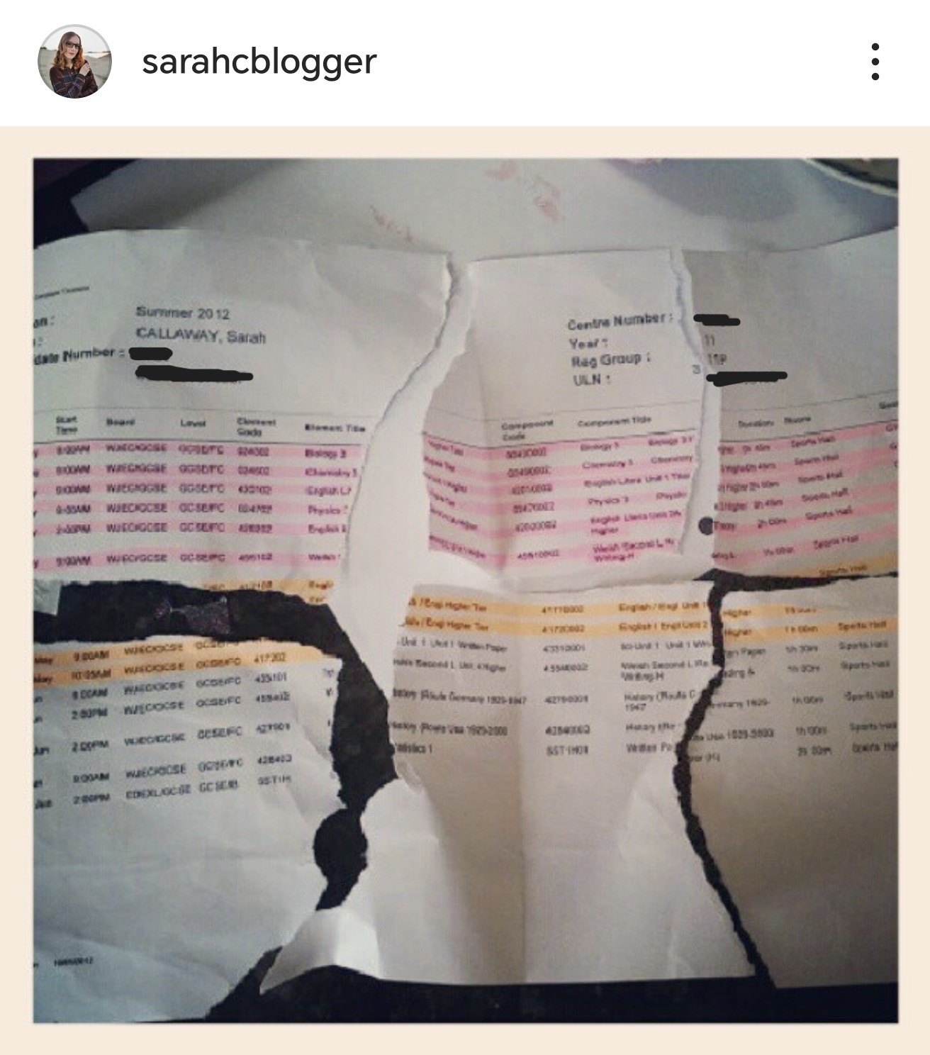 exam timetable from 2012