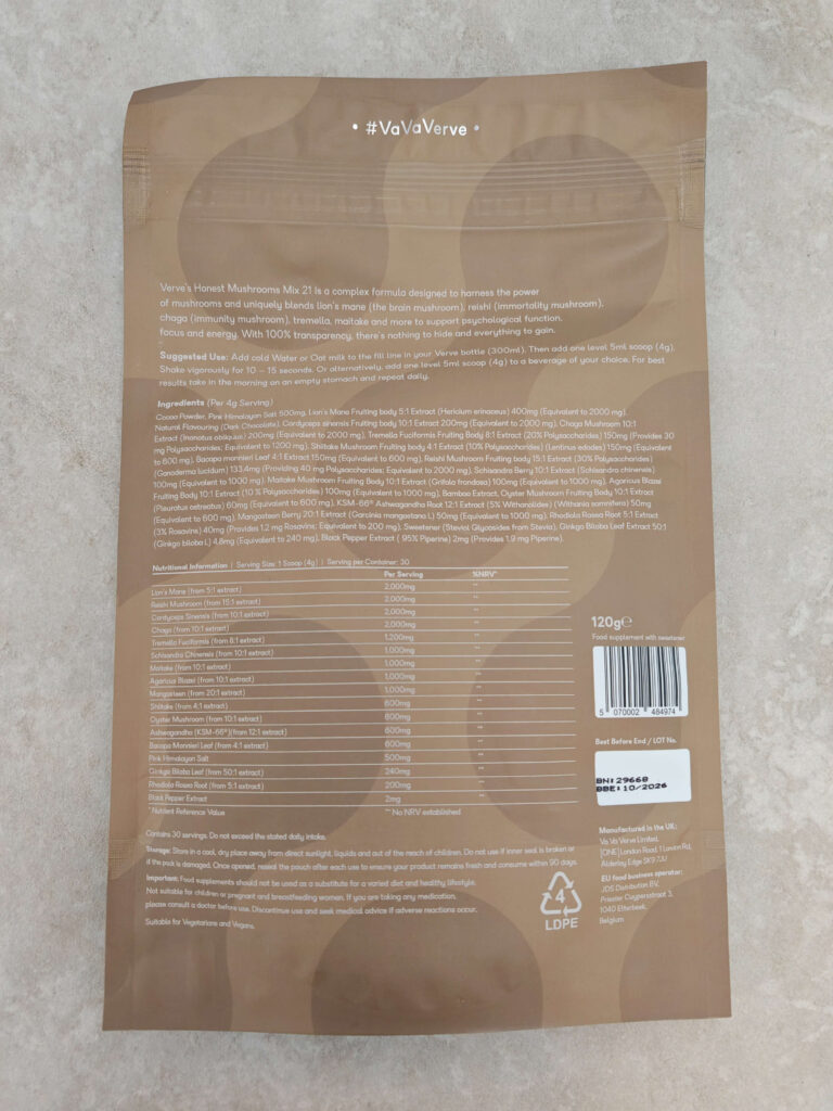 Back of Verve's Honest Mushrooms Mix 21 packaging with ingredients and nutritional information in white text.