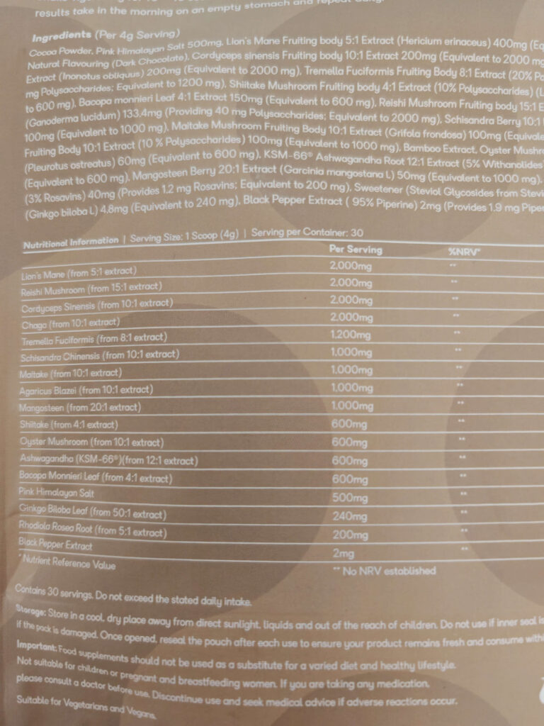 Supplement ingredients and nutritional information, including extracts like Lion's Mane, Reishi, and Cordyceps for 30 servings.