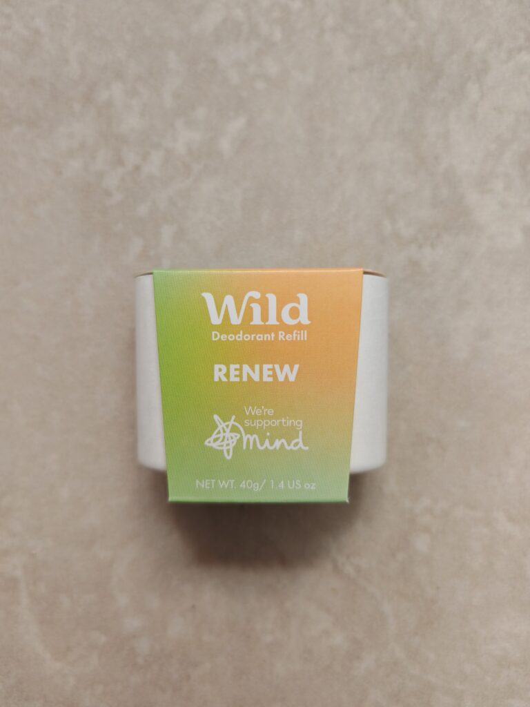 Wild deodorant refill box with green and orange gradient design, 40g size, promoting Mind charity support.
