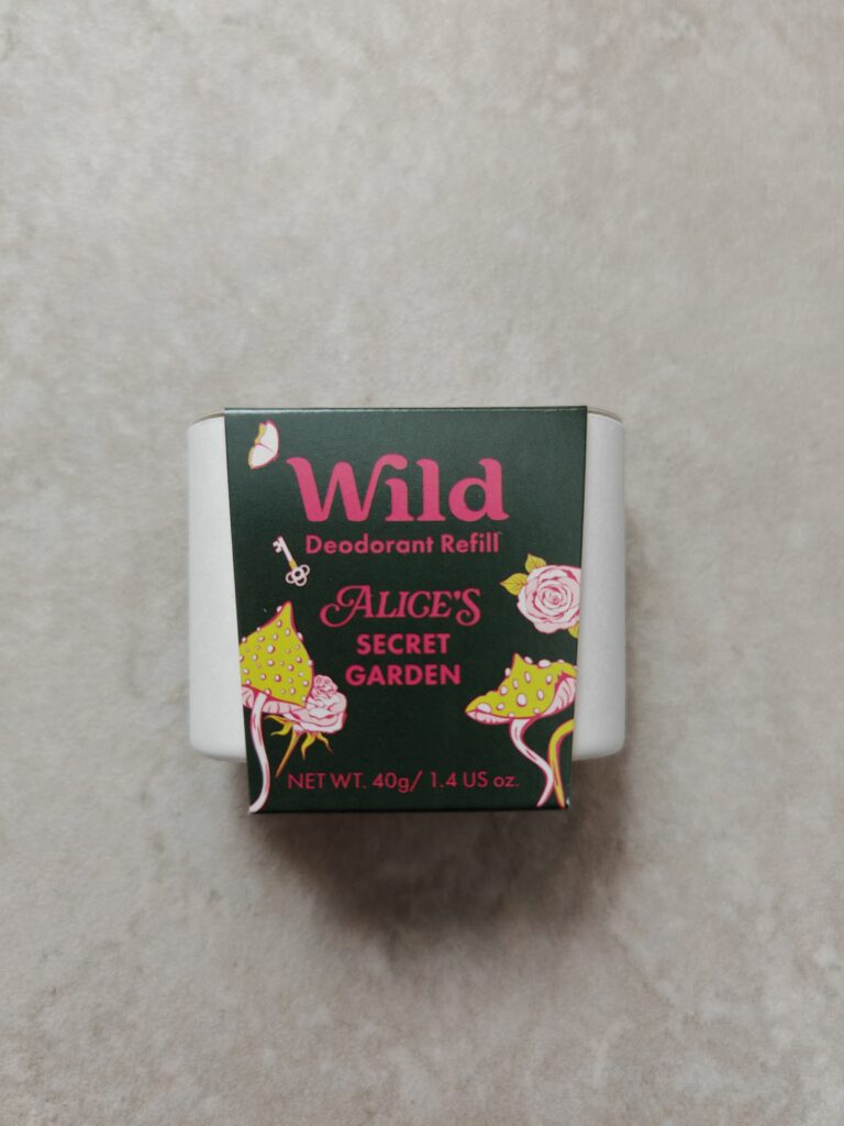 Wild deodorant refill packaging, Alice's Secret Garden scent, 40g. Eco-friendly personal care product.