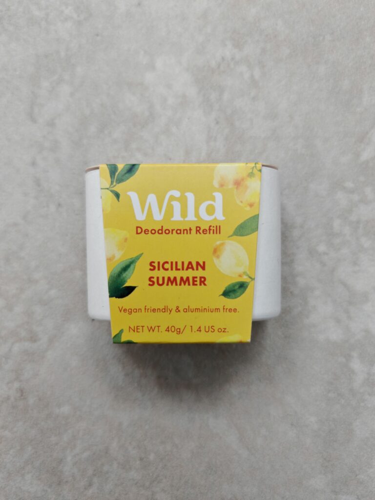 Vegan-friendly Wild deodorant refill, Sicilian Summer scent, aluminum-free, 40g container on a neutral background.