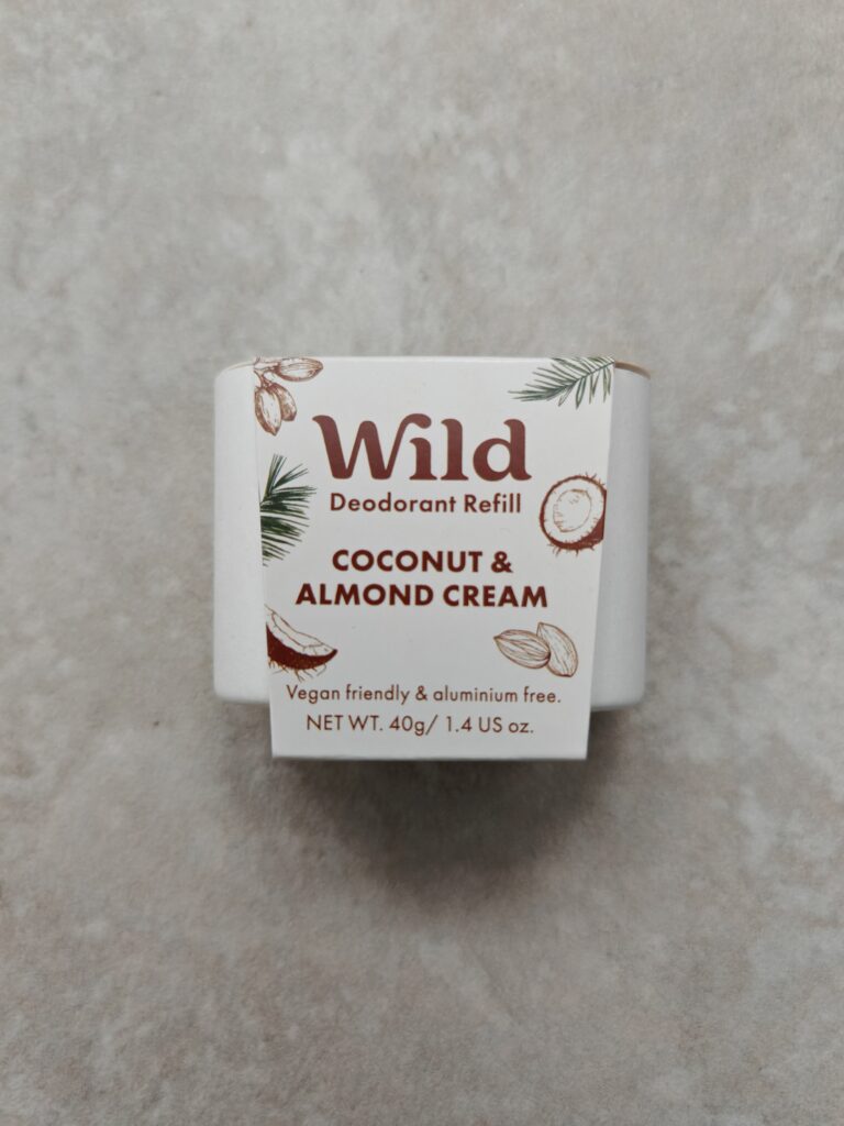 Wild Deodorant Refill, Coconut & Almond Cream, vegan, aluminum-free, 40g box on a light background.