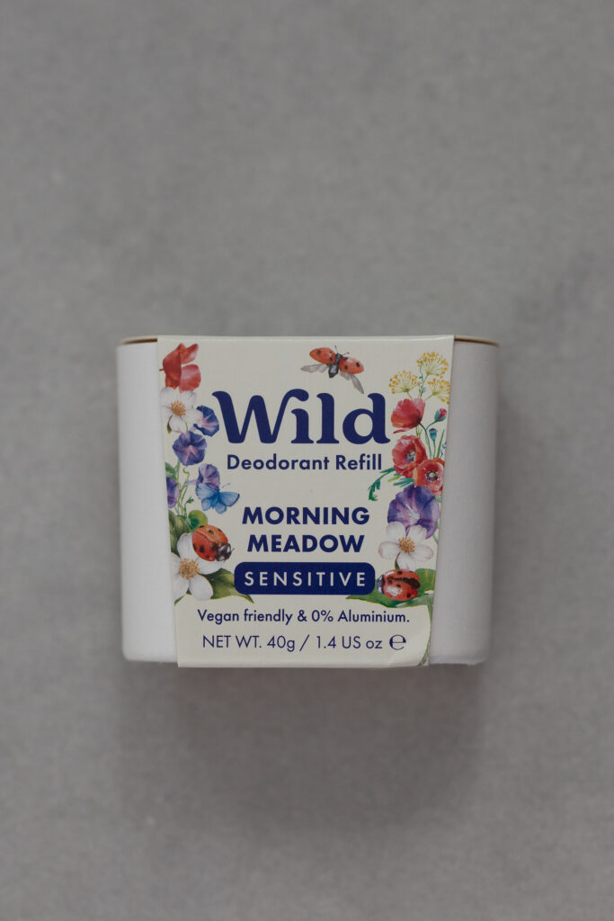 Wild Deodorant Refill, Morning Meadow, vegan, aluminium-free, sensitive skin, floral packaging, UK brand.