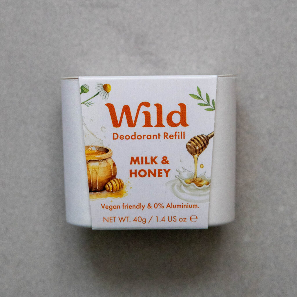 Wild deodorant refill, milk and honey scent. Vegan-friendly, aluminium-free, 40g. Eco-friendly personal care.