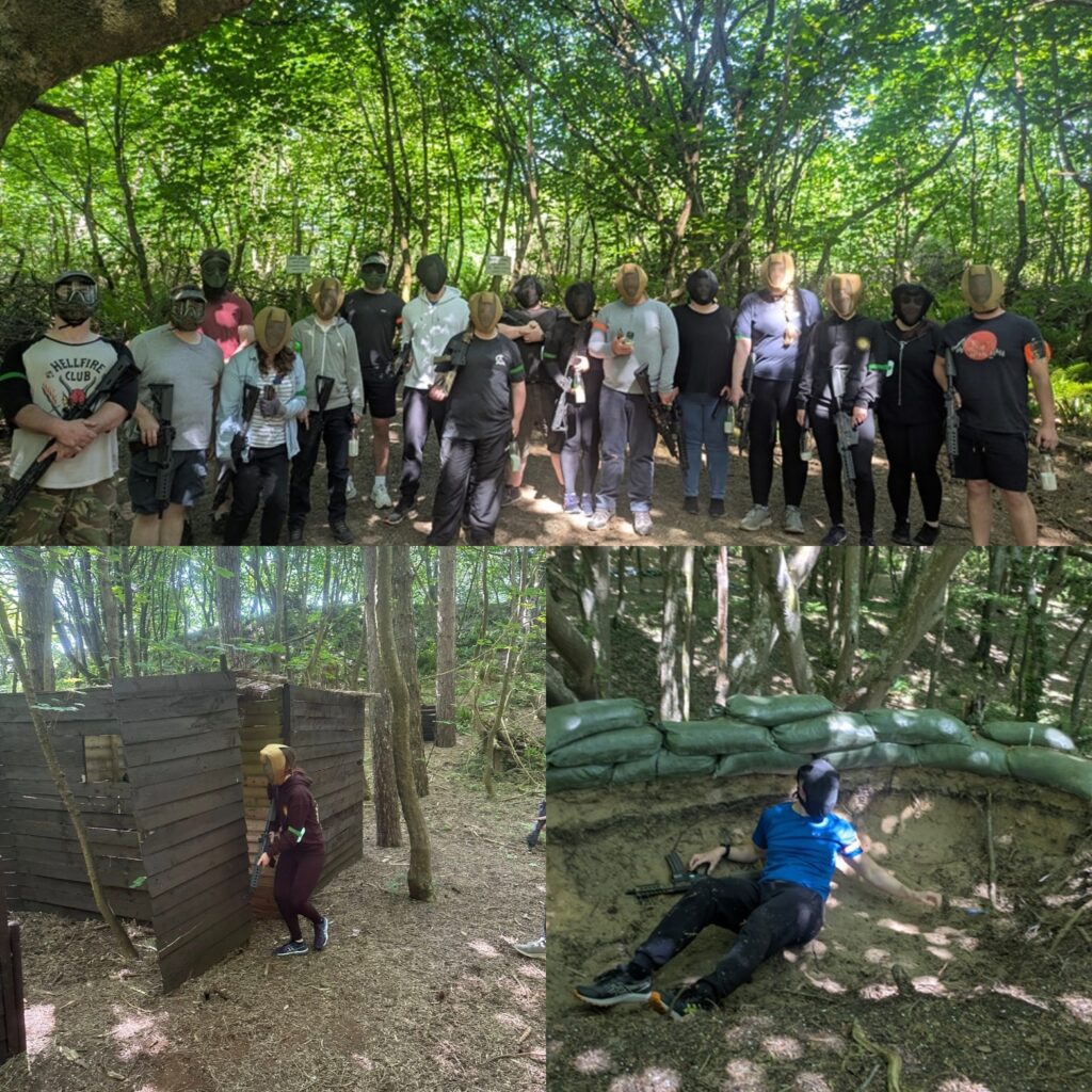 Group airsoft adventure in forest setting with participants in masks and gear, featuring tactical play scenarios.