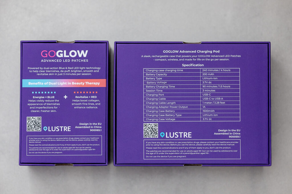 GoGlow Advanced LED Patches packaging with specifications and benefits of dual light therapy for skin revitalisation.