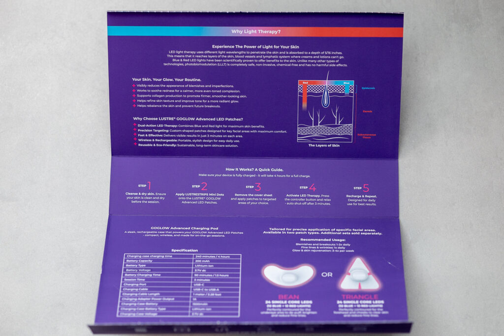 Instructional guide on LED light therapy for skin care, featuring benefits, steps, and patch usage details.