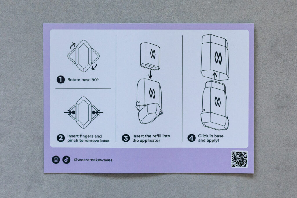 Instruction card with four steps for using a refillable applicator. Includes QR code and social media handles.