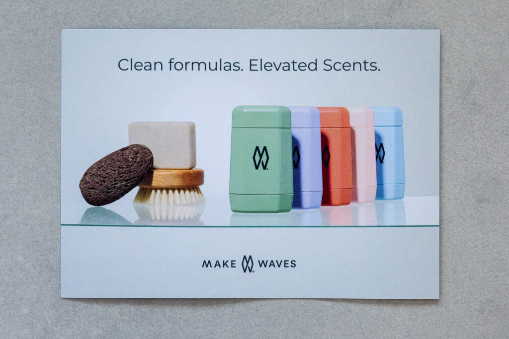Colourful deodorant containers with text: Clean formulas. Elevated Scents. Plus soap, brush, and pumice stone.