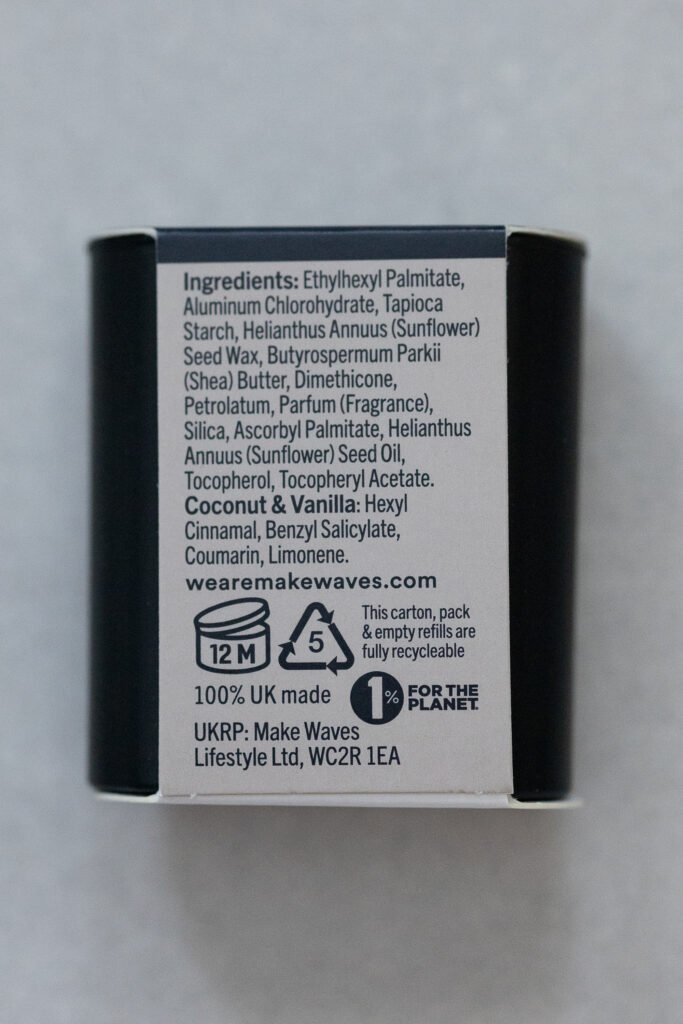 UK-made product ingredients and eco-friendly certifications on packaging, highlighting sustainability and coconut vanilla scent.